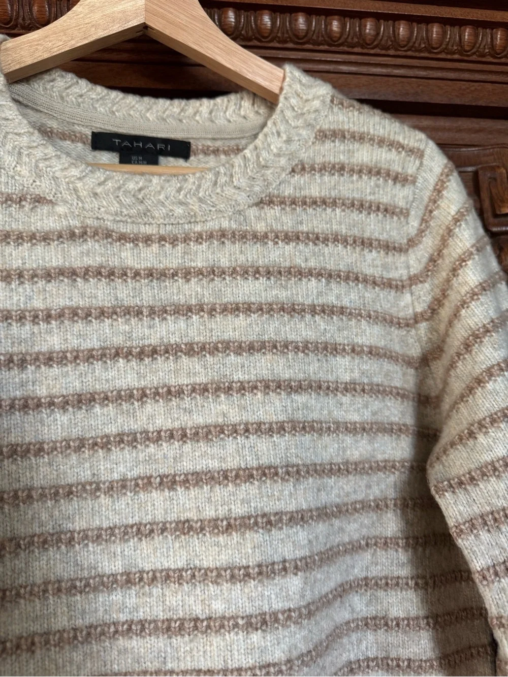 Tahari Cream & Tan Striped Crewneck Sweater